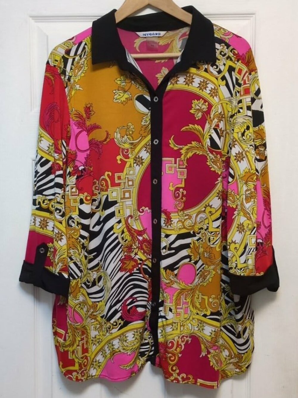 Vintage Nygard Baroque Zebra Print Button Up Blouse Maximalist Sz 2X Chain Bold